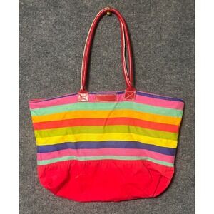 Vintage Y2K‎ ESPRIT Rainbow Striped Canvas Tote Bag Red Straps Beach Bag